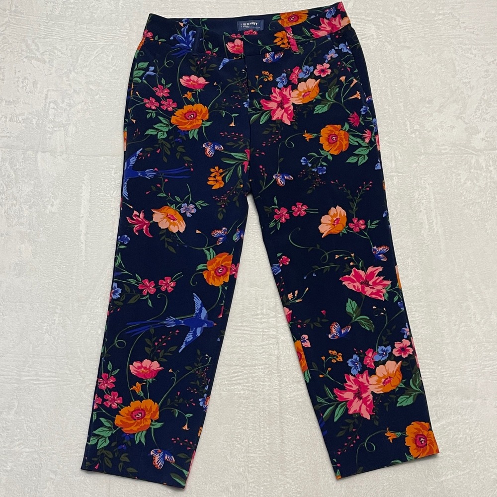 Old Navy Harper Navy Floral Mid Rise Cropped Pants Size 6 Garden Party Nature